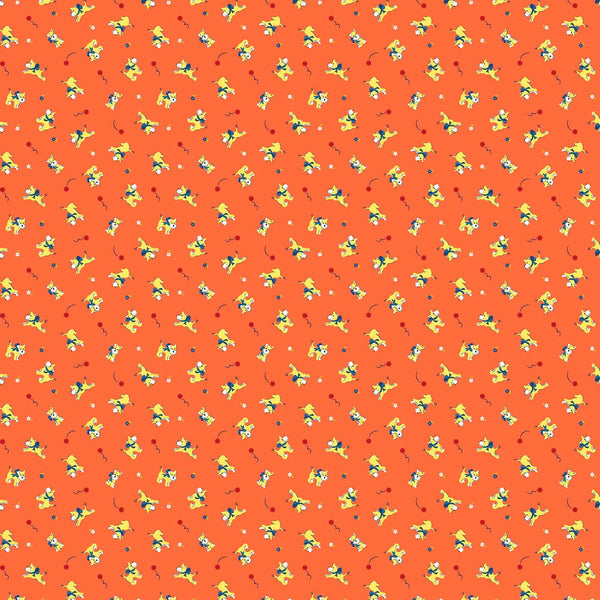 Image of Whimsies Dogs Orange quilting cotton fabric by Claire Holliday for QT Fabrics. Features dogs on an orange background. Cute Little Fabric Shop