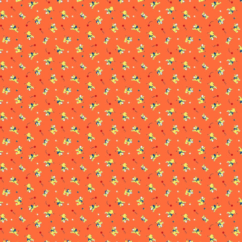 Image of Whimsies Dogs Orange quilting cotton fabric by Claire Holliday for QT Fabrics. Features dogs on an orange background. Cute Little Fabric Shop