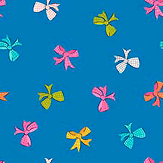 Image of Whimsies Bows Blue quilting cotton fabric by Claire Holliday for QT Fabrics. Features bows on a blue background. Cute Little Fabric Shop