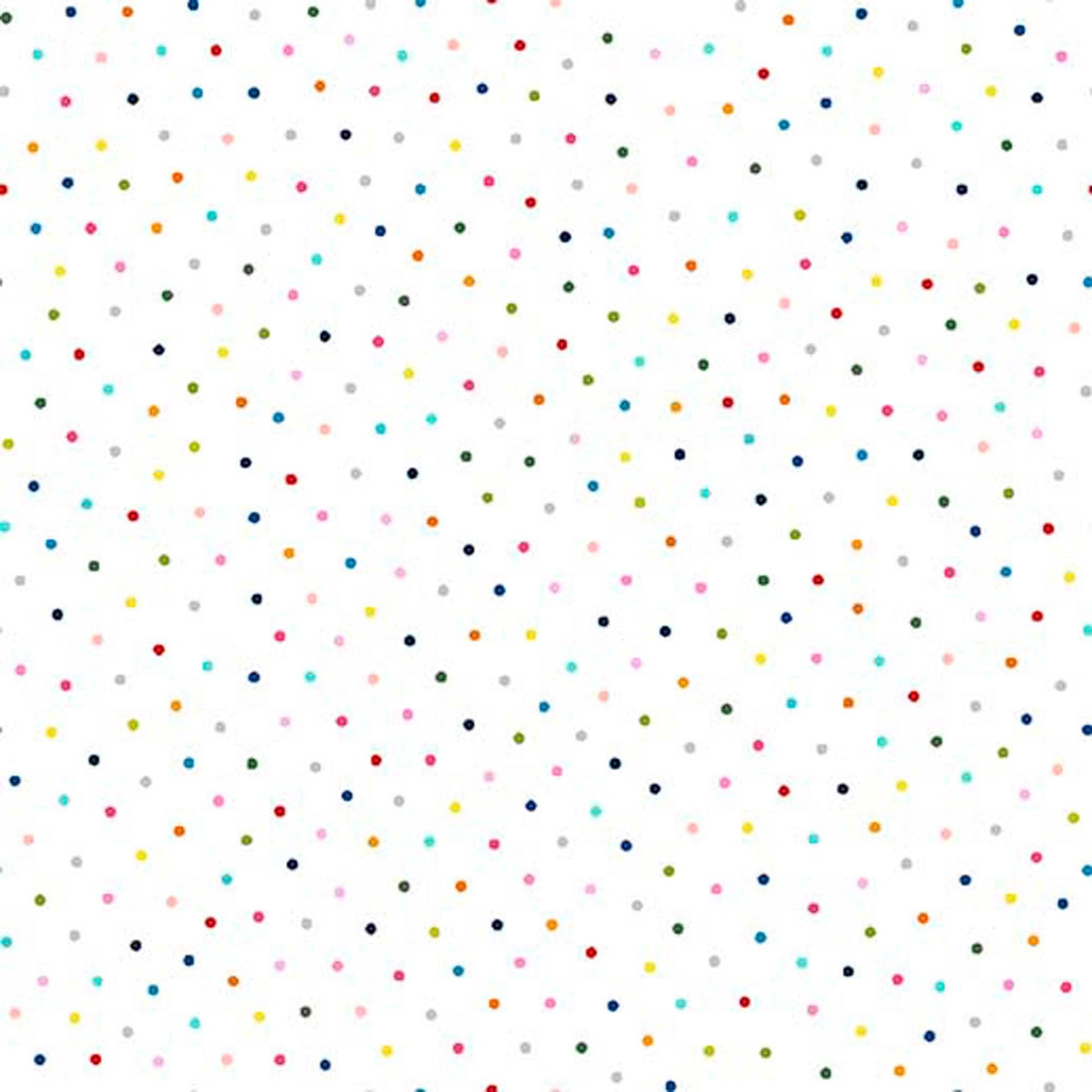 Image of Whimsies Dots White quilting cotton fabric by Claire Holliday for QT Fabrics. Features dots on a white background. Cute Little Fabric Shop