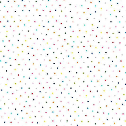 Image of Whimsies Dots White quilting cotton fabric by Claire Holliday for QT Fabrics. Features dots on a white background. Cute Little Fabric Shop
