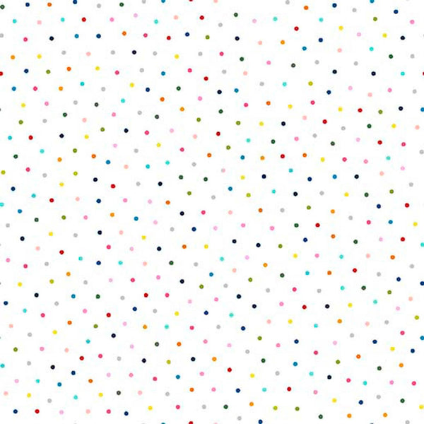 Image of Whimsies Dots White quilting cotton fabric by Claire Holliday for QT Fabrics. Features dots on a white background. Cute Little Fabric Shop