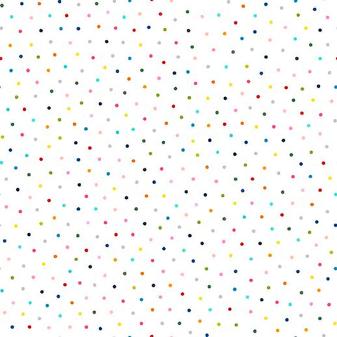 Image of Whimsies Dots White quilting cotton fabric by Claire Holliday for QT Fabrics. Features dots on a white background. Cute Little Fabric Shop
