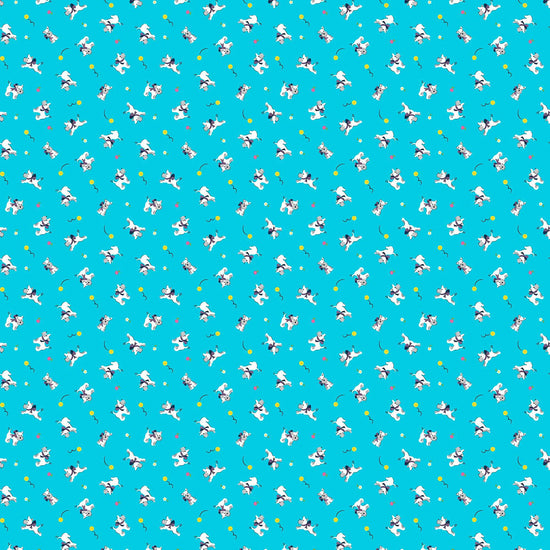 Image of Whimsies Dogs Turquoise quilting cotton fabric by Claire Holliday for QT Fabrics. Features dogs on a blue background. Cute Little Fabric Shop