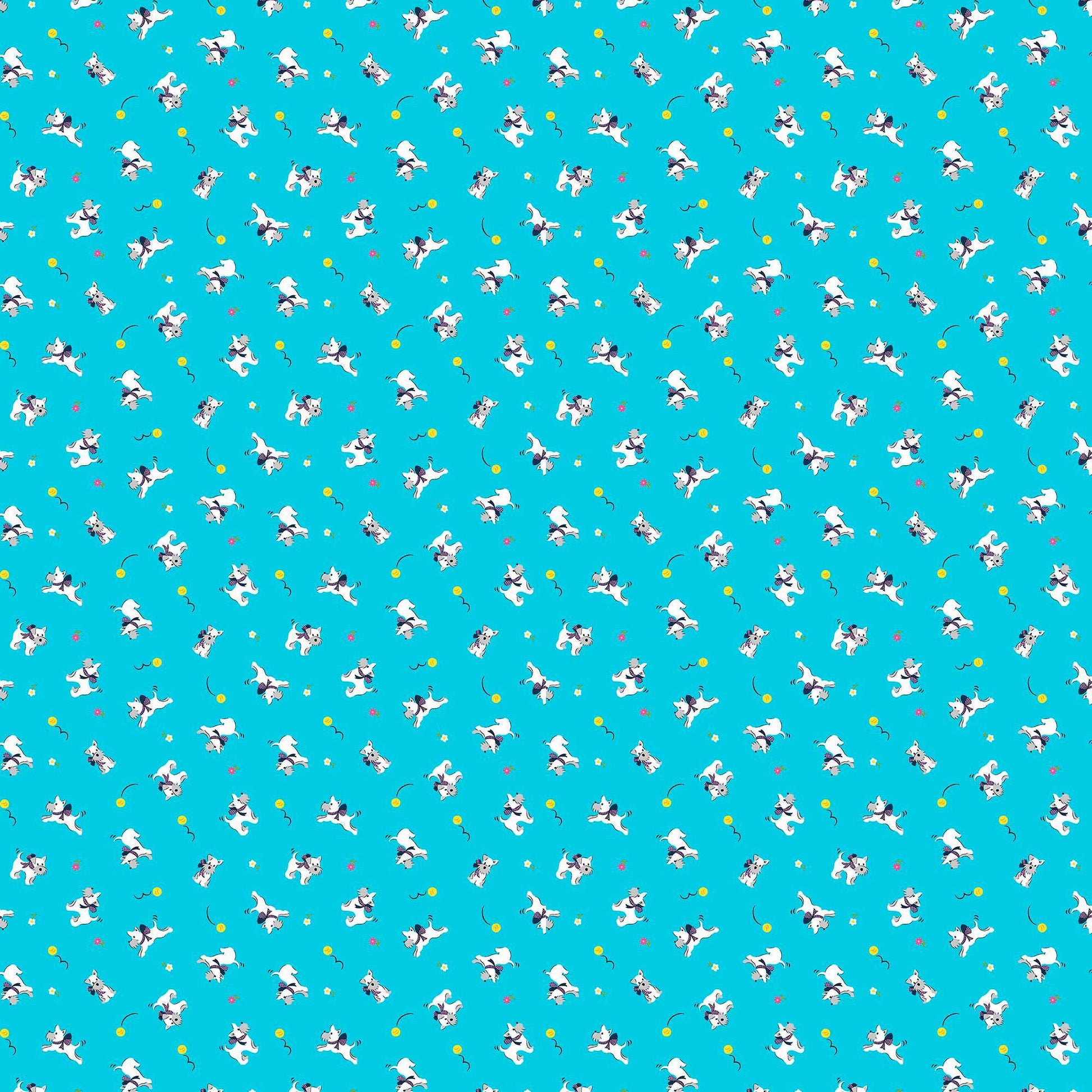 Image of Whimsies Dogs Turquoise quilting cotton fabric by Claire Holliday for QT Fabrics. Features dogs on a blue background. Cute Little Fabric Shop