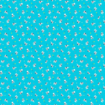 Image of Whimsies Dogs Turquoise quilting cotton fabric by Claire Holliday for QT Fabrics. Features dogs on a blue background. Cute Little Fabric Shop