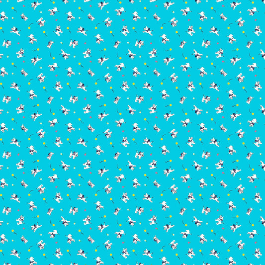 Image of Whimsies Dogs Turquoise quilting cotton fabric by Claire Holliday for QT Fabrics. Features dogs on a blue background. Cute Little Fabric Shop