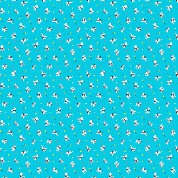 Image of Whimsies Dogs Turquoise quilting cotton fabric by Claire Holliday for QT Fabrics. Features dogs on a blue background. Cute Little Fabric Shop
