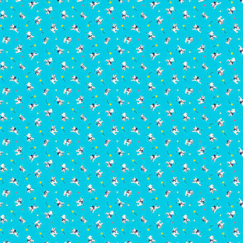 Image of Whimsies Dogs Turquoise quilting cotton fabric by Claire Holliday for QT Fabrics. Features dogs on a blue background. Cute Little Fabric Shop