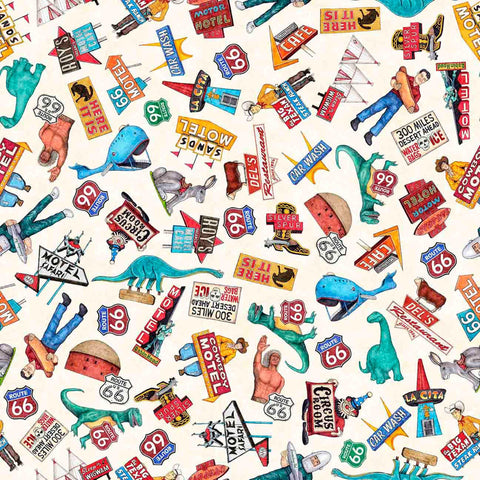 Image of Get Your Kicks 2026 Route 66 Icons Cream quilting cotton fabric by Morris Creative Group for QT Fabrics. Features icons on an off-white background. Cute Little Fabric Shop