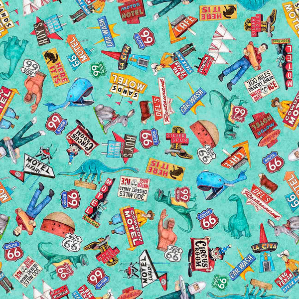 Image of Get Your Kicks 2026 Route 66 Icons Turquoise quilting cotton fabric by Morris Creative Group for QT Fabrics. Features icons on a blue background. Cute Little Fabric Shop