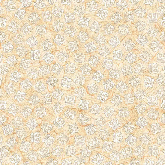 Image of Get Your Kicks 2026 Route 66 Signs Tan quilting cotton fabric by Morris Creative Group for QT Fabrics. Features signs on a beige background. Cute Little Fabric Shop