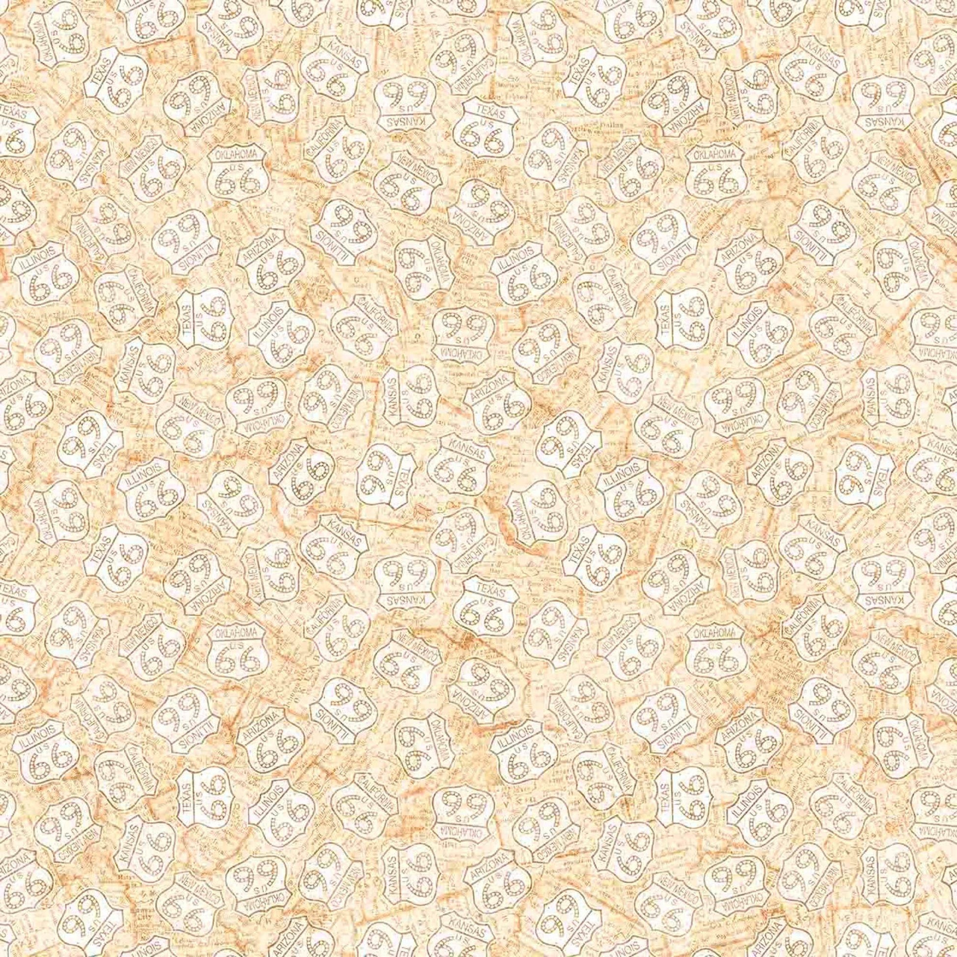 Image of Get Your Kicks 2026 Route 66 Signs Tan quilting cotton fabric by Morris Creative Group for QT Fabrics. Features signs on a beige background. Cute Little Fabric Shop