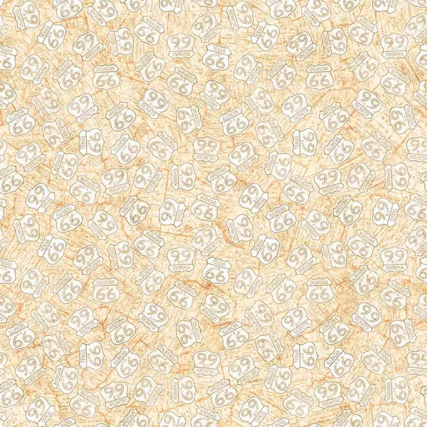 Image of Get Your Kicks 2026 Route 66 Signs Tan quilting cotton fabric by Morris Creative Group for QT Fabrics. Features signs on a beige background. Cute Little Fabric Shop