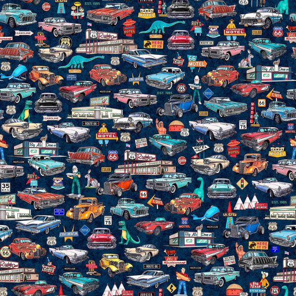 Image of Get Your Kicks 2026 Route 66 Classic Cars and Icons Navy quilting cotton fabric by Morris Creative Group for QT Fabrics. Features cars on a blue background. Cute Little Fabric Shop