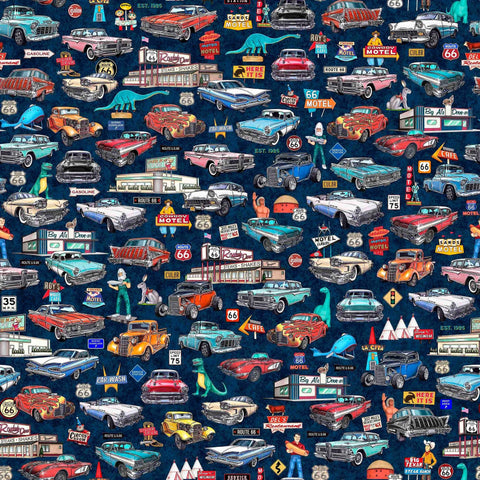Image of Get Your Kicks 2026 Route 66 Classic Cars and Icons Navy quilting cotton fabric by Morris Creative Group for QT Fabrics. Features cars on a blue background. Cute Little Fabric Shop