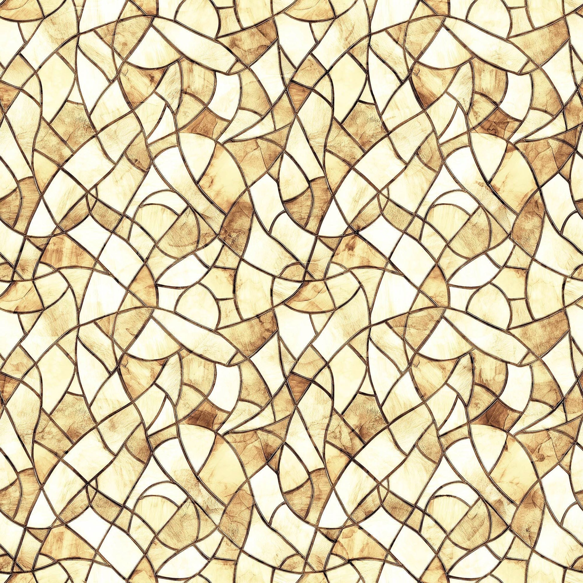 Image of Spirit of Ireland Stained Glass Tan quilting cotton fabric by Morris Creative Group for QT Fabrics. Features shapes on a beige background. Cute Little Fabric Shop
