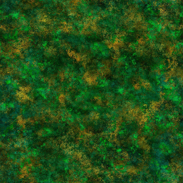 Image of Spirit of Ireland Distressed Metal Textures Forest quilting cotton fabric by Morris Creative Group for QT Fabrics. Features texture on a green background. Cute Little Fabric Shop