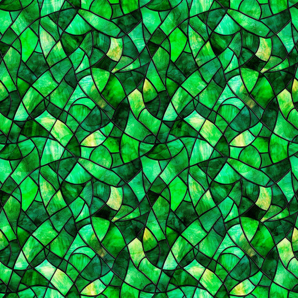 Image of Spirit of Ireland Stained Glass Kelly Green quilting cotton fabric by Morris Creative Group for QT Fabrics. Features shapes on a green background. Cute Little Fabric Shop