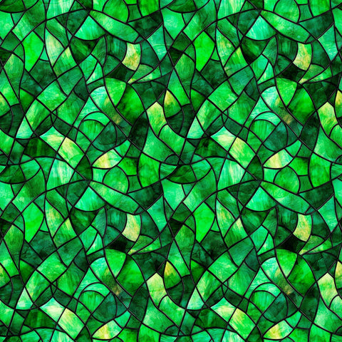 Image of Spirit of Ireland Stained Glass Kelly Green quilting cotton fabric by Morris Creative Group for QT Fabrics. Features shapes on a green background. Cute Little Fabric Shop