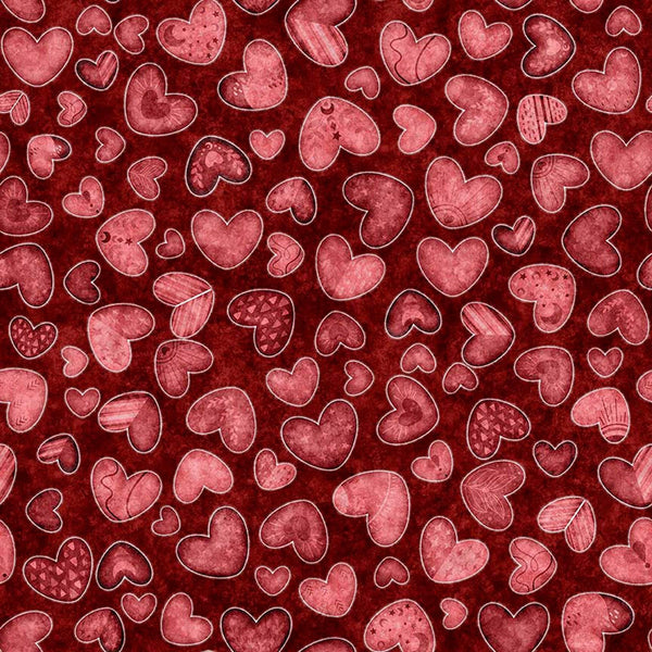 Image of Hearts & Hugs Hearts Garnet quilting cotton fabric by Morris Creative Group for QT Fabric. Features hearts on a red background. Cute Little Fabric Shop