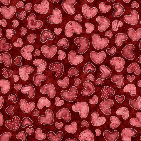 Image of Hearts & Hugs Hearts Garnet quilting cotton fabric by Morris Creative Group for QT Fabric. Features hearts on a red background. Cute Little Fabric Shop