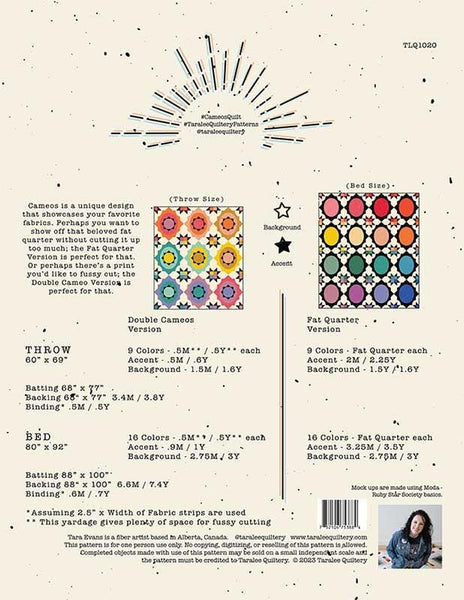 Cameos Quilt Pattern TLQ-1020 by Taralee Quiltery - Moda Fabrics - INSTRUCTIONS Only - Multiple Sizes Fat Quarter Friendly