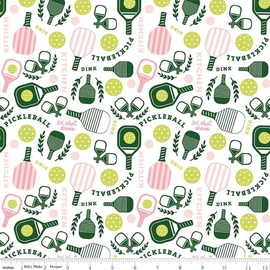 Pickleball Main C16200 White - Riley Blake Designs - Paddles Balls Text - Quilting Cotton Fabric