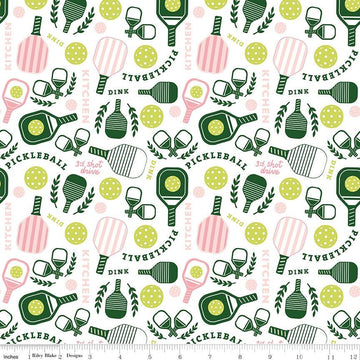 23" End of Bolt - Pickleball Main C16200 White - Riley Blake Designs - Paddles Balls Text - Quilting Cotton Fabric