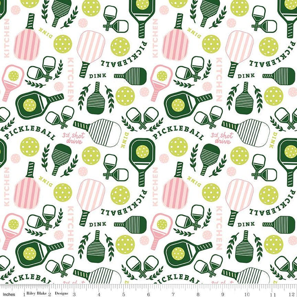 Pickleball Main C16200 White - Riley Blake Designs - Paddles Balls Text - Quilting Cotton Fabric