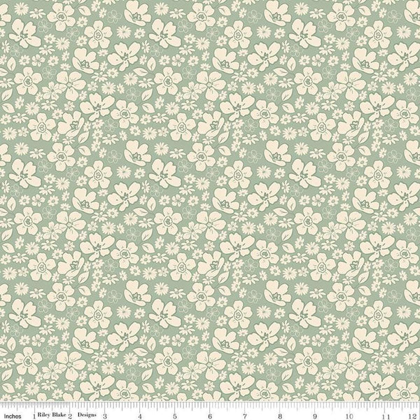 Image of Morning Latte Tonal Floral Aloe quilting cotton fabric by Sandy Gervais for Riley Blake Designs. Features flowers on a green background. Cute Little Fabric Shop