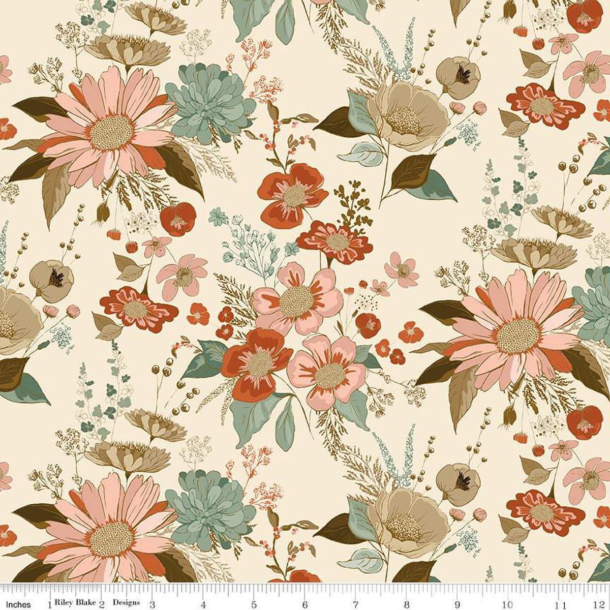 Image of Morning Latte Main Latte quilting cotton fabric by Sandy Gervais for Riley Blake Designs. Features flowers on a cream background. Cute Little Fabric Shop