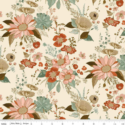 Image of Morning Latte Main Latte quilting cotton fabric by Sandy Gervais for Riley Blake Designs. Features flowers on a cream background. Cute Little Fabric Shop