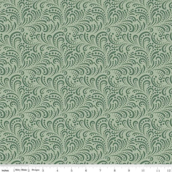 Image of Morning Latte Swirls Green quilting cotton fabric by Sandy Gervais for Riley Blake Designs. Features swirls on a green background. Cute Little Fabric Shop
