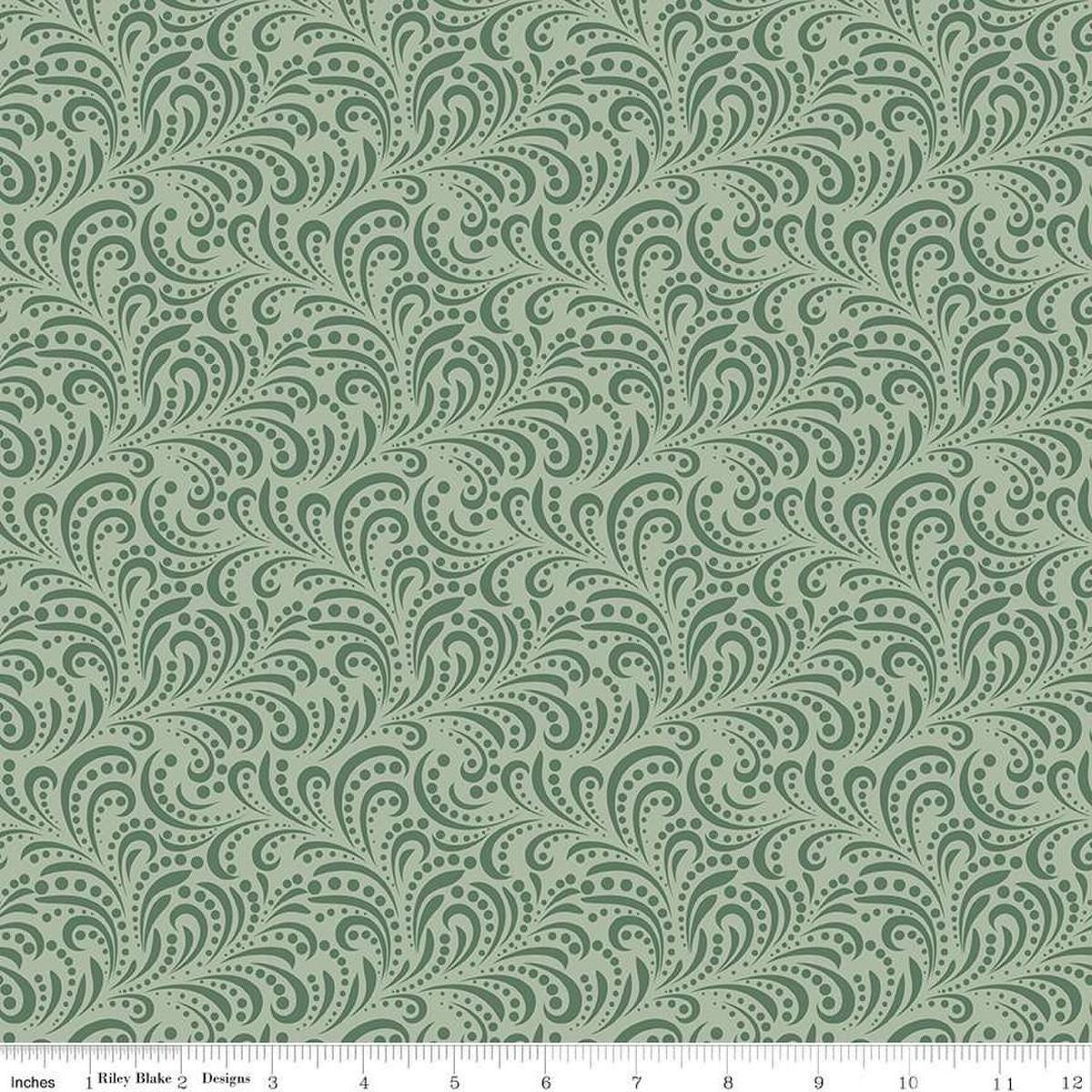 Image of Morning Latte Swirls Green quilting cotton fabric by Sandy Gervais for Riley Blake Designs. Features swirls on a green background. Cute Little Fabric Shop