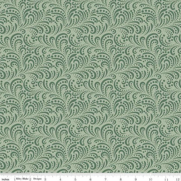 Image of Morning Latte Swirls Green quilting cotton fabric by Sandy Gervais for Riley Blake Designs. Features swirls on a green background. Cute Little Fabric Shop