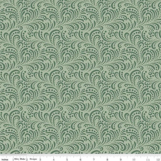 Image of Morning Latte Swirls Green quilting cotton fabric by Sandy Gervais for Riley Blake Designs. Features swirls on a green background. Cute Little Fabric Shop