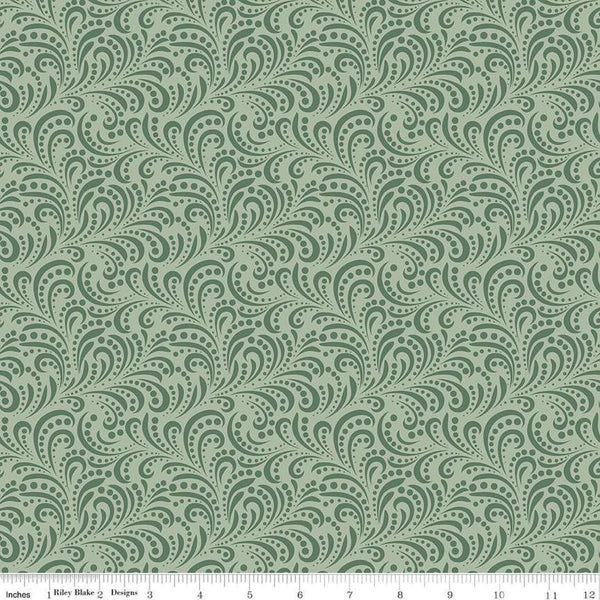 Image of Morning Latte Swirls Green quilting cotton fabric by Sandy Gervais for Riley Blake Designs. Features swirls on a green background. Cute Little Fabric Shop