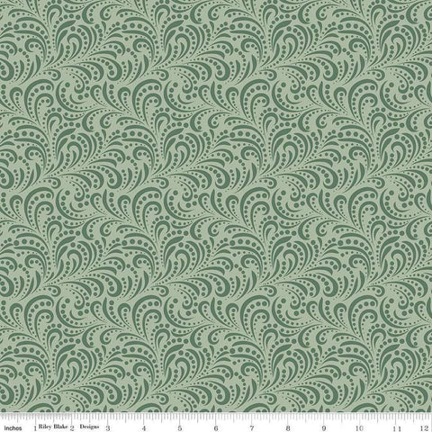 Image of Morning Latte Swirls Green quilting cotton fabric by Sandy Gervais for Riley Blake Designs. Features swirls on a green background. Cute Little Fabric Shop