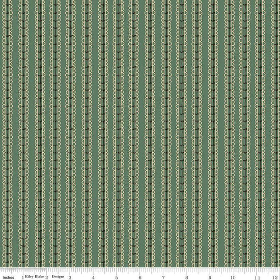 Image of Morning Latte Stripes Green quilting cotton fabric by Sandy Gervais for Riley Blake Designs. Features stripes on a green background. Cute Little Fabric Shop