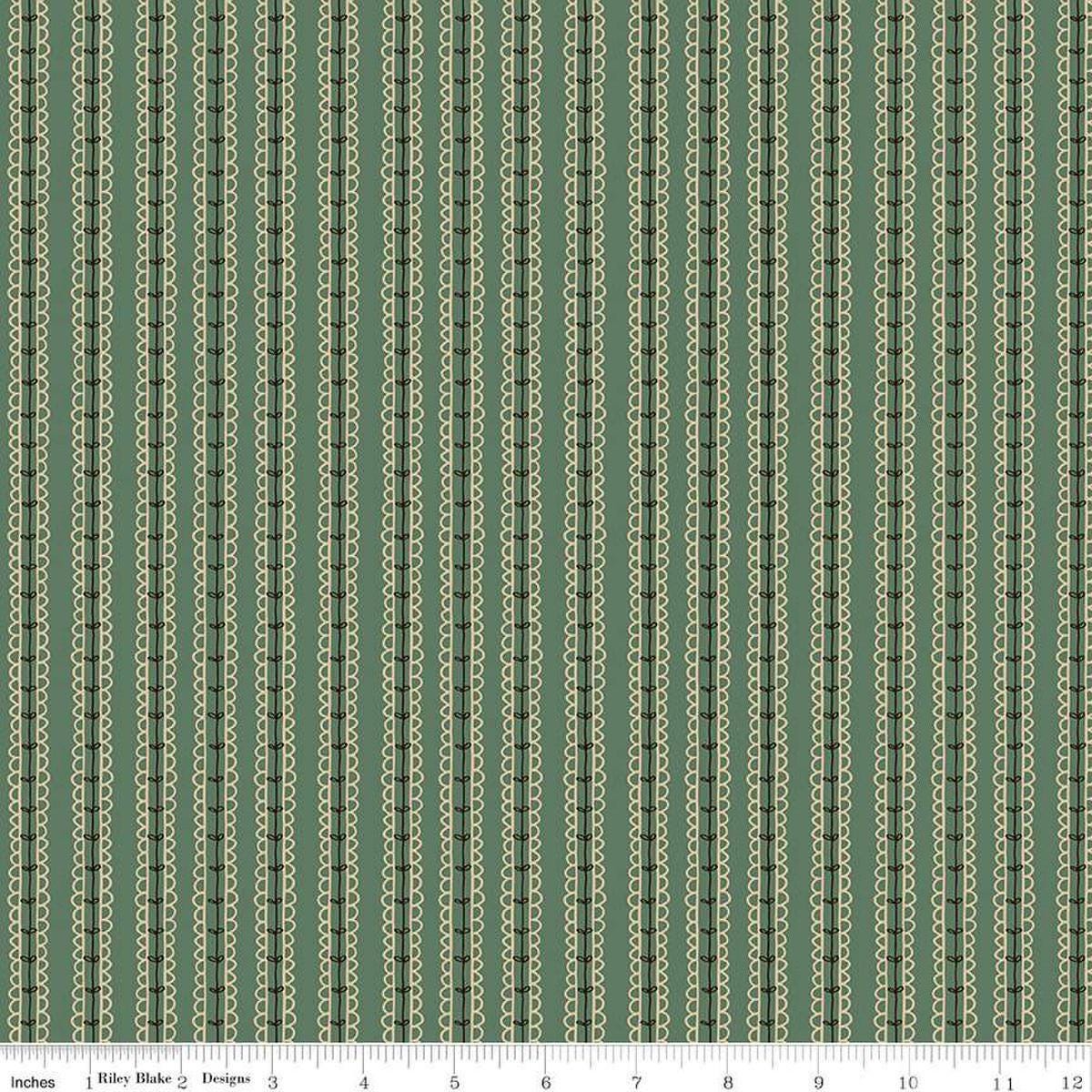 Image of Morning Latte Stripes Green quilting cotton fabric by Sandy Gervais for Riley Blake Designs. Features stripes on a green background. Cute Little Fabric Shop