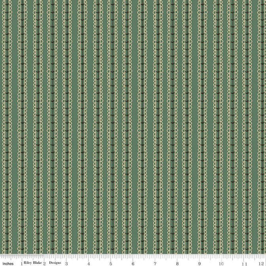 Image of Morning Latte Stripes Green quilting cotton fabric by Sandy Gervais for Riley Blake Designs. Features stripes on a green background. Cute Little Fabric Shop