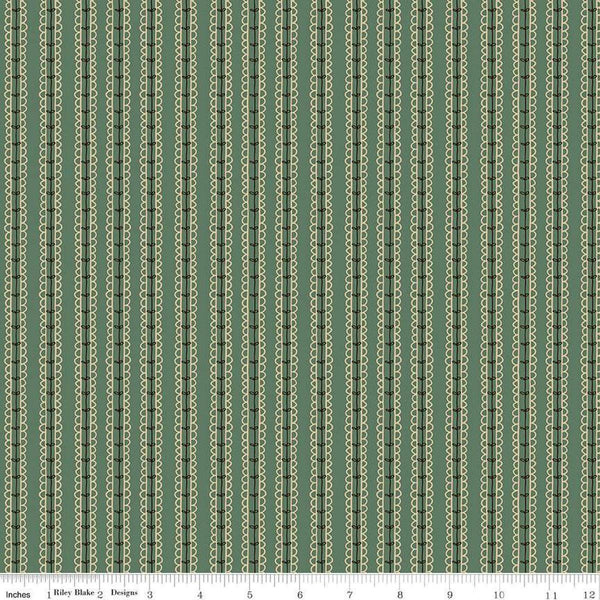Image of Morning Latte Stripes Green quilting cotton fabric by Sandy Gervais for Riley Blake Designs. Features stripes on a green background. Cute Little Fabric Shop