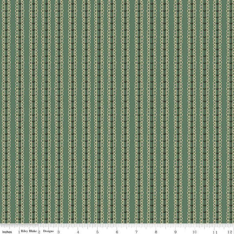 Image of Morning Latte Stripes Green quilting cotton fabric by Sandy Gervais for Riley Blake Designs. Features stripes on a green background. Cute Little Fabric Shop