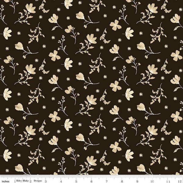 Image of Morning Latte Floral Espresso quilting cotton fabric by Sandy Gervais for Riley Blake Designs. Features flowers on a brown background. Cute Little Fabric Shop