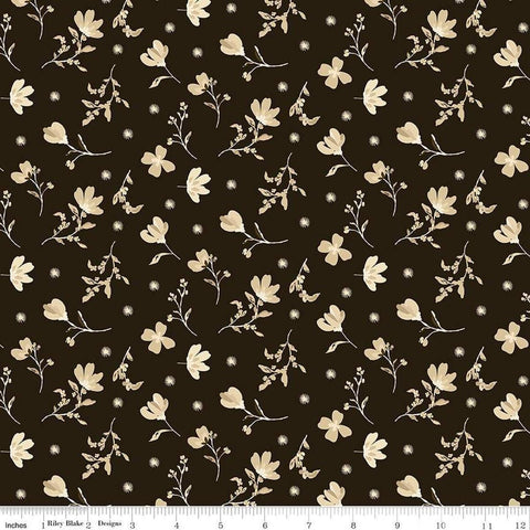 Image of Morning Latte Floral Espresso quilting cotton fabric by Sandy Gervais for Riley Blake Designs. Features flowers on a brown background. Cute Little Fabric Shop