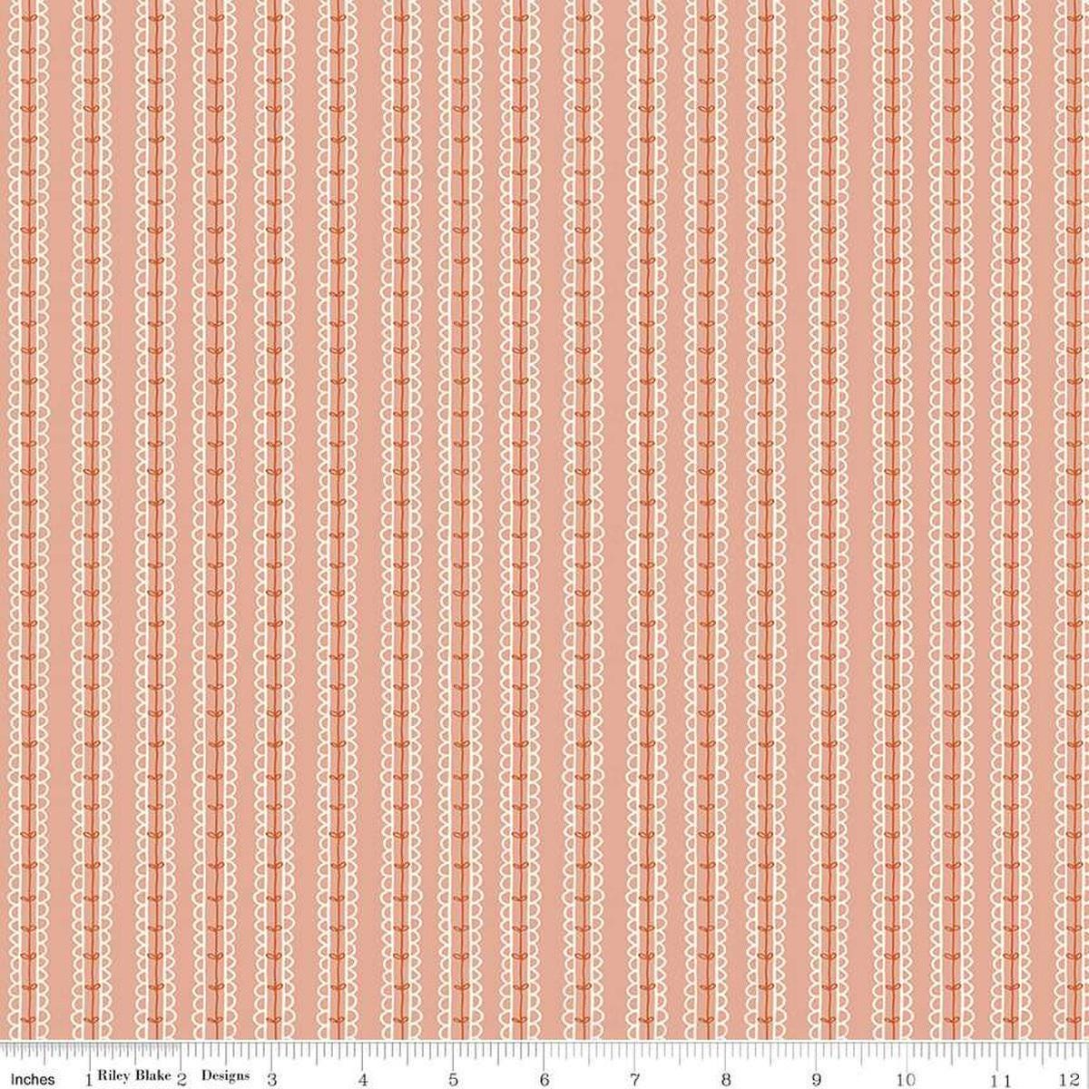 Image of Morning Latte Stripes Pink quilting cotton fabric by Sandy Gervais for Riley Blake Designs. Features stripes on a pink background. Cute Little Fabric Shop