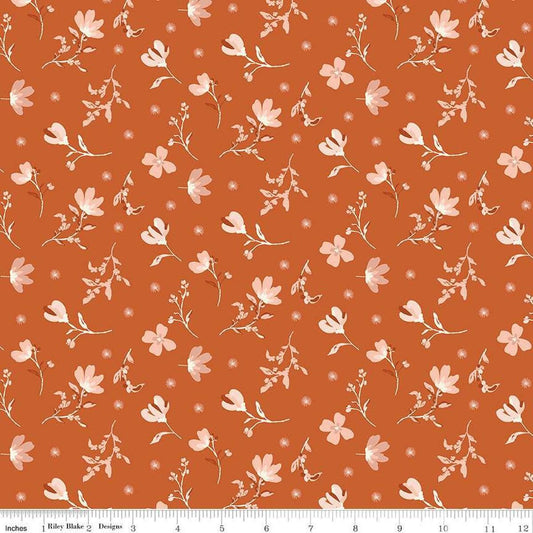 Image of Morning Latte Floral Spice quilting cotton fabric by Sandy Gervais for Riley Blake Designs. Features flowers on an orange background. Cute Little Fabric Shop