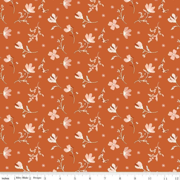Image of Morning Latte Floral Spice quilting cotton fabric by Sandy Gervais for Riley Blake Designs. Features flowers on an orange background. Cute Little Fabric Shop
