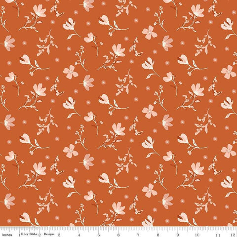 Image of Morning Latte Floral Spice quilting cotton fabric by Sandy Gervais for Riley Blake Designs. Features flowers on an orange background. Cute Little Fabric Shop